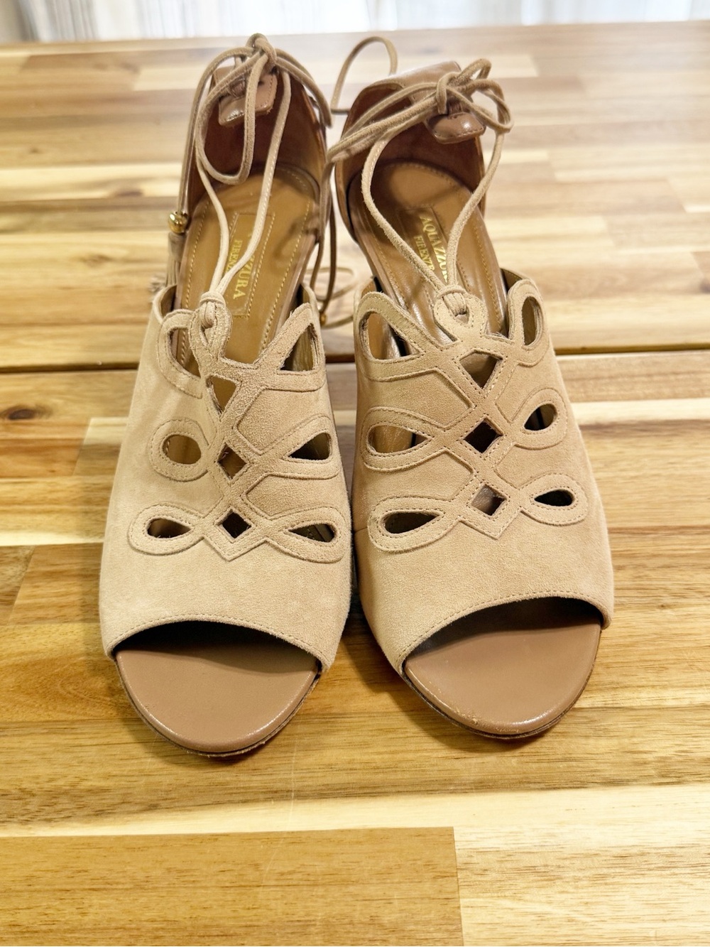 Aquazzura Get Me Everywhere Suede Tassel Cutout Tan Nude 105 Heels Size 39 - Picture 5 of 11